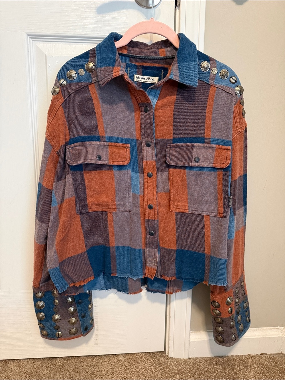 We The Free Austin Flannel Plaid Button-Front Shirt Jacket Too w/ Studs XS